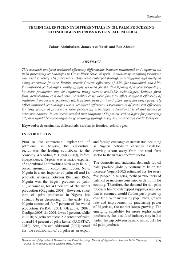 (PDF) TECHNICAL EFFICIENCY DIFFERENTIALS IN OIL PALM PROCESSING ...