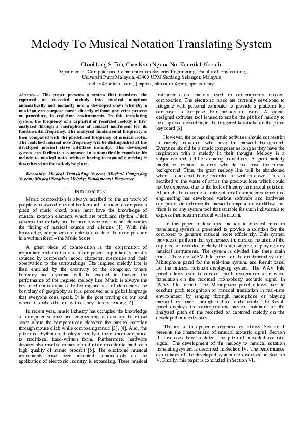 (PDF) Melody to musical notation translating system Si Toh Chooi Ling