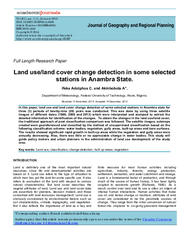  PDF Land Use Land Cover Change Detection In Some Selected Stations In Anambra State Ifeka 