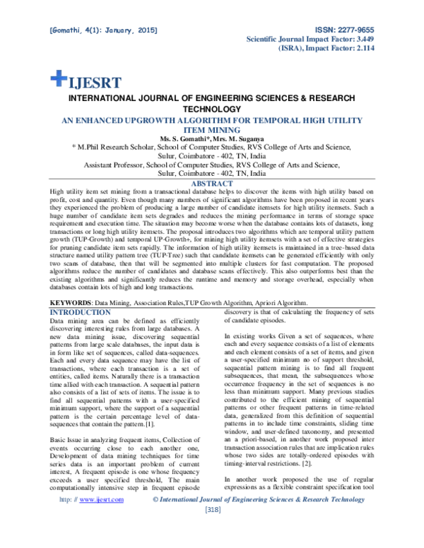 (PDF) AN ENHANCED UPGROWTH ALGORITHM FOR TEMPORAL HIGH UTILITY ITEM MINING