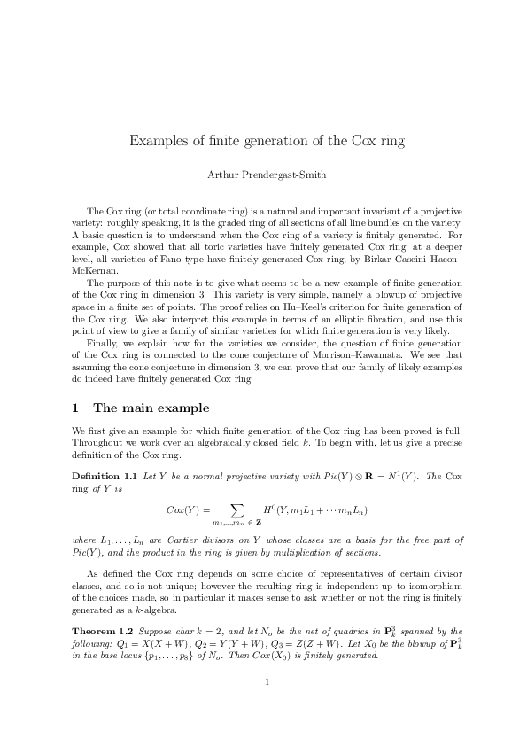 (PDF) Examples of finite generation of the Cox ring
