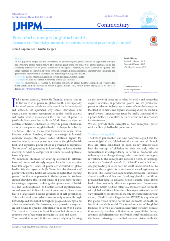 (PDF) Powerful Concepts in Global Health Comment on “Knowledge, Moral ...