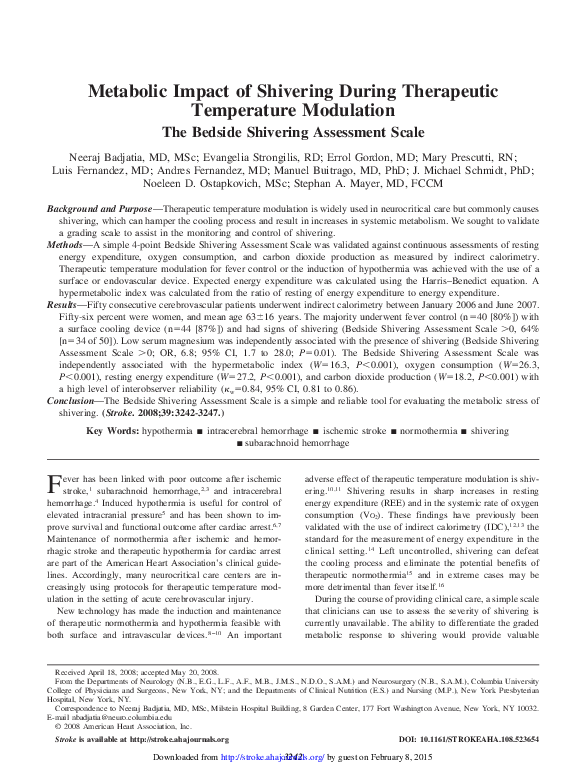 (PDF) Metabolic Impact of Shivering During Therapeutic Temperature