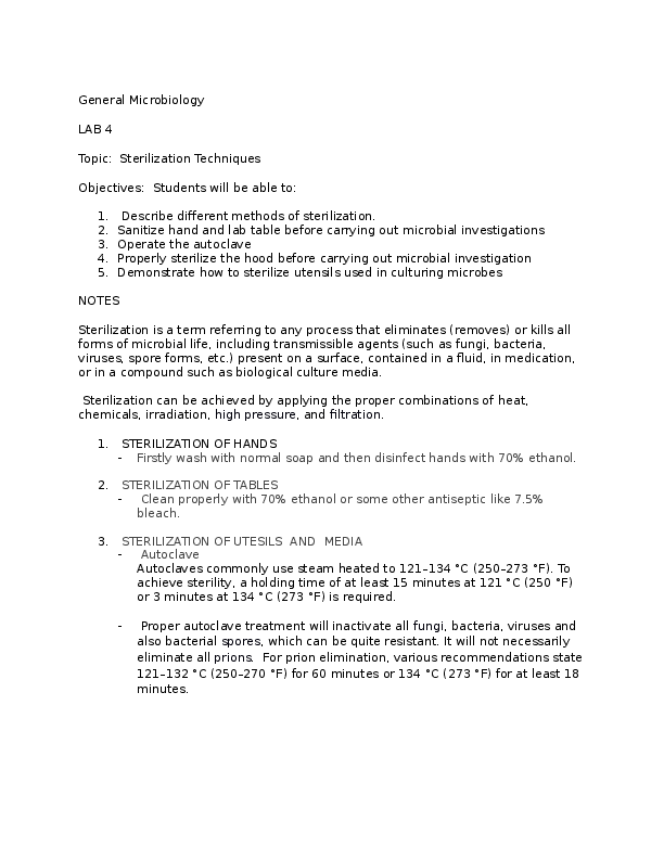 (DOC) General Microbiology LAB 4 Topic Sterilization Techniques