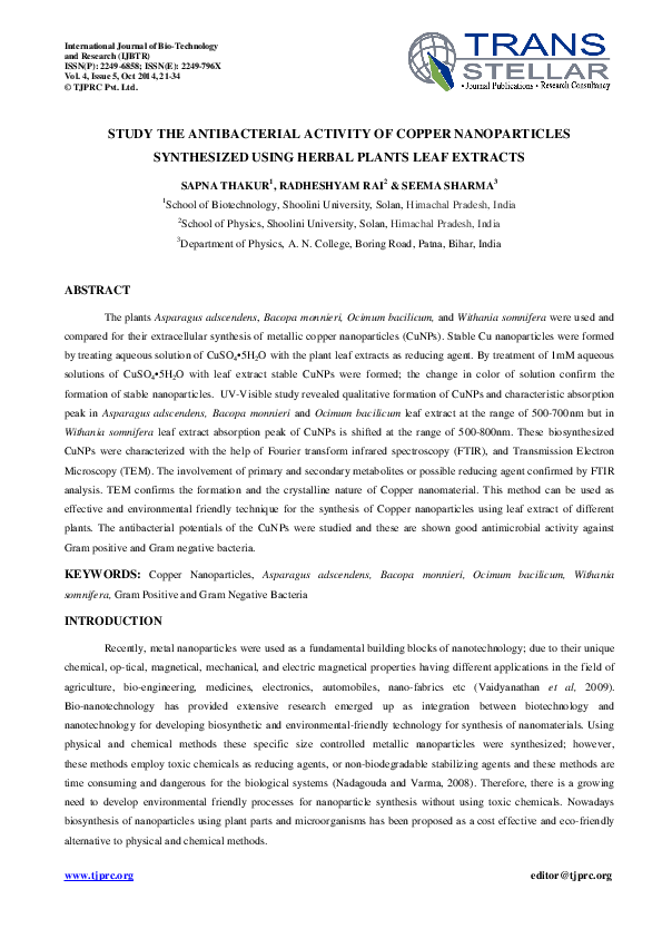 (PDF) STUDY THE ANTIBACTERIAL ACTIVITY OF COPPER NANOPARTICLES ...