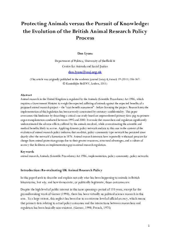 (PDF) Protecting Animals versus the Pursuit of Knowledge The Evolution