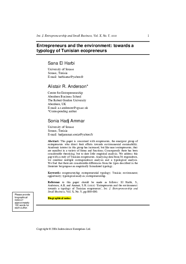 (PDF) Entrepreneurs and the environment: towards a typology of Tunisian ...