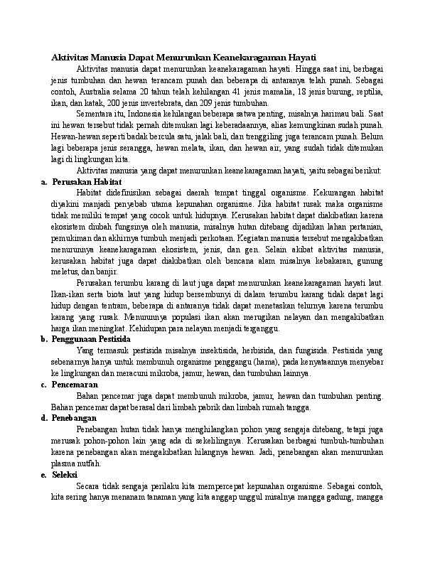 Doc Aktivitas Manusia Dapat Menurunkan Keanekaragaman Hayati Muhammad Afrizal Academia Edu