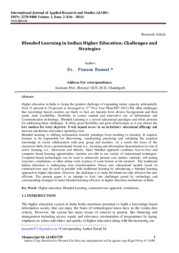 (PDF) Blended Learning in Indian Higher Education: Challenges and ...
