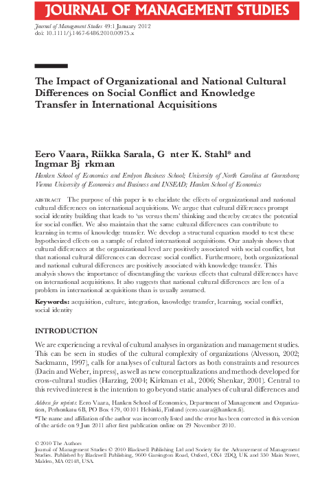(PDF) The Impact of Organizational and National Cultural Differences on ...