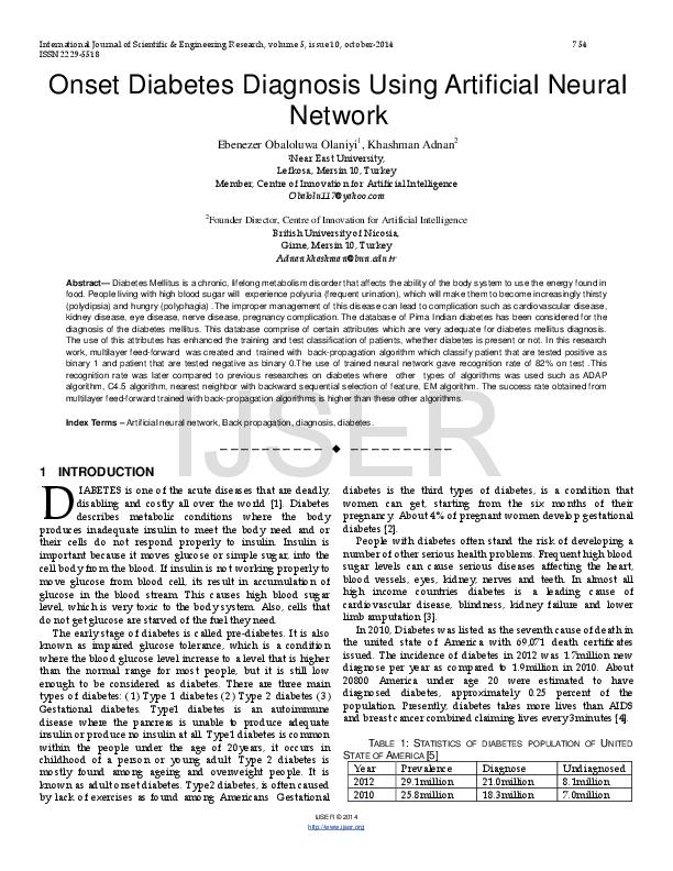 (PDF) Onset Diabetes Diagnosis Using Artificial Neural Network