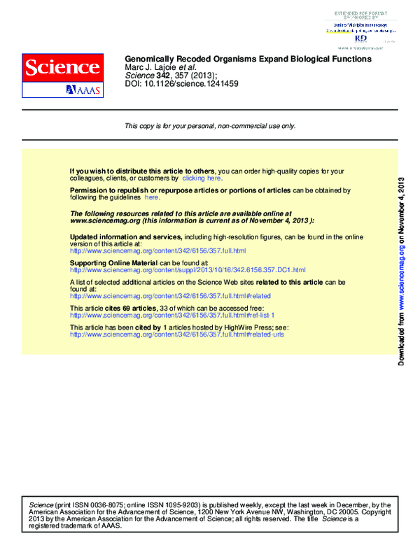 (PDF) Genomically Recoded Organisms Expand Biological Functions