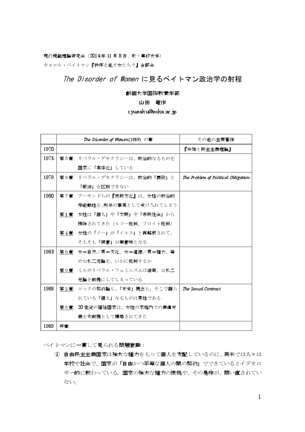 Pdf The Disorder Of Women に見るペイトマン政治学の射程 Ranges Of Carole Pateman S Political Theory In The Disorder Of Women Ryusaku Yamada Academia Edu
