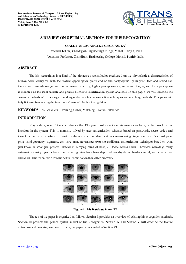 (PDF) A REVIEW ON OPTIMAL METHODS FOR IRIS RECOGNITION