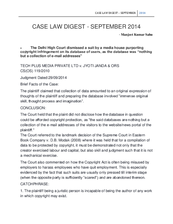 (PDF) Case Law Digest September,2014 Manjeet Sahu Academia.edu