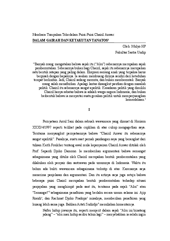 Kumpulan Puisi Chairil Anwar Kerawang Bekasi KT Puisi