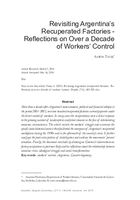 First page of “Revisiting Argentina’s Recuperated Factories - Reflections on Over a Decade of Workers’ Control”