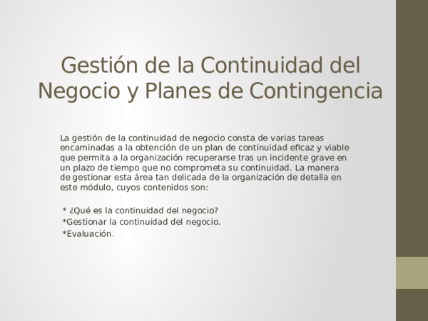 (PPT) Gestion de la Continuidad del Negocio y Planes