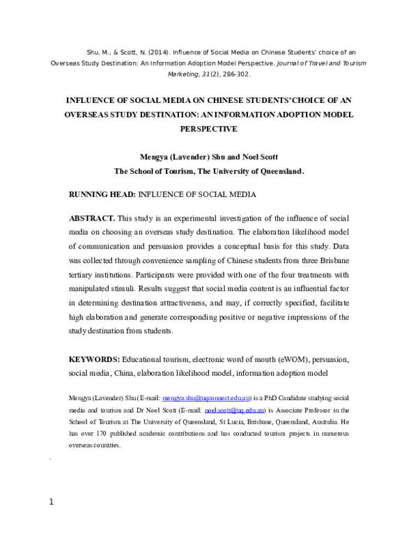 (DOC) Influence of Social Media on Chinese Students’ choice of an ...