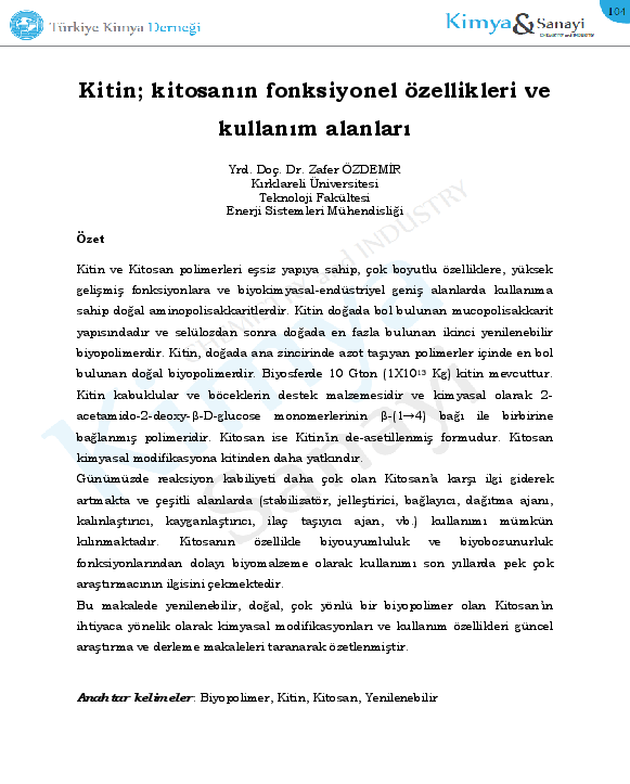(PDF) Kitin, kitosanın fonksiyonel özellikleri ve kullanım alanları