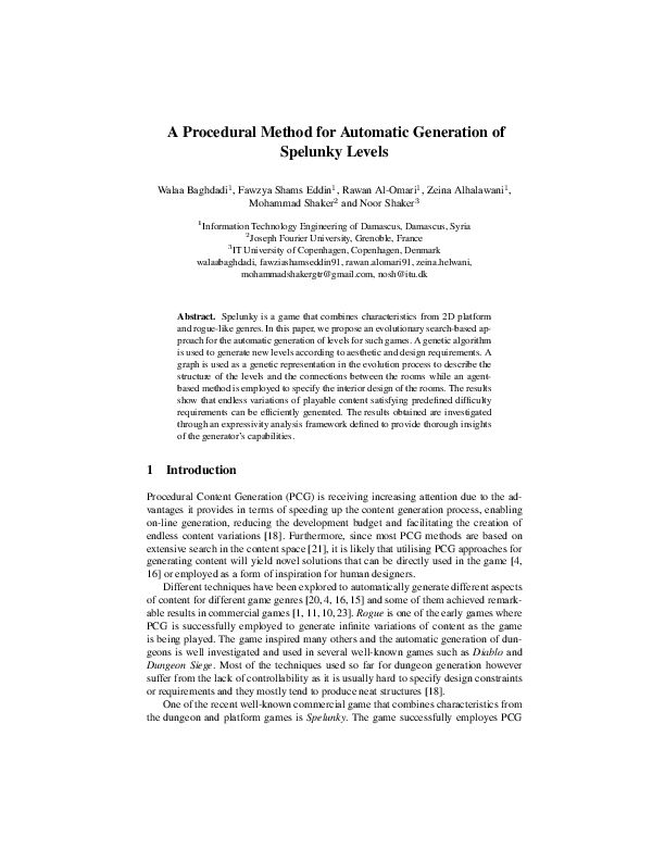 (PDF) A Procedural Method for Automatic Generation of Spelunky Levels