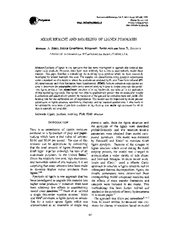 (PDF) Measurement and Modeling of Lignin Pyrolysis