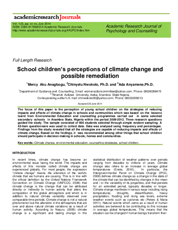 (PDF) School children’s perception of climate change and possible ...