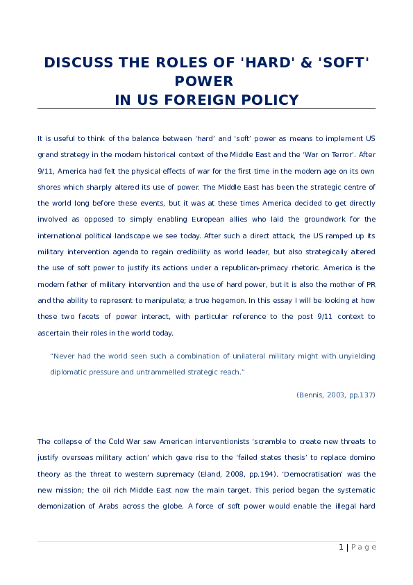 (DOC) Discuss the roles of 'hard' & 'soft' power in US Foreign Policy