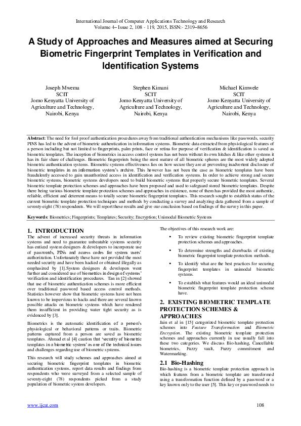 (PDF) A Study of Approaches and Measures aimed at Securing Biometric ...