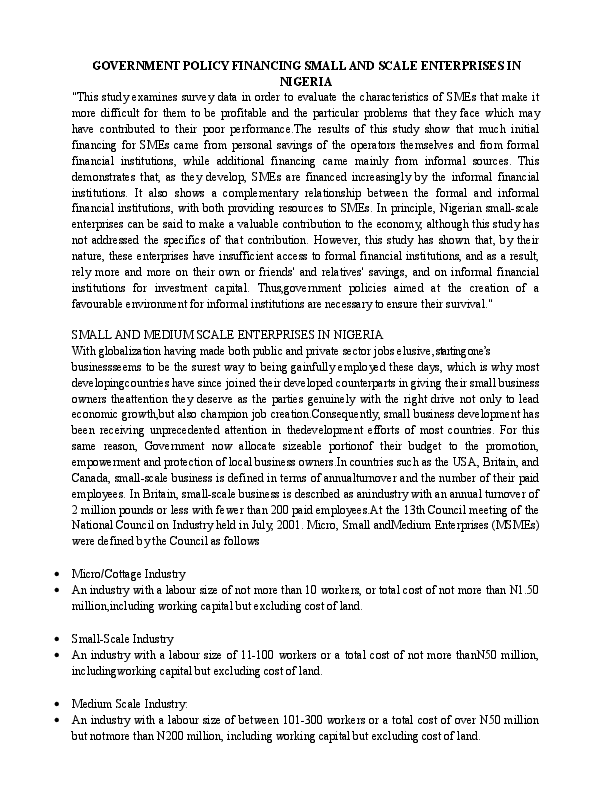 (DOC) GOVERNMENT POLICY FINANCING SMALL AND SCALE ENTERPRISES IN NIGERIA