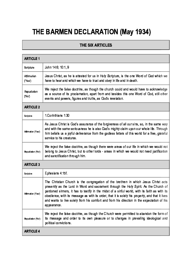 (PDF) THE BARMEN DECLARATION (May 1934) THE SIX ARTICLES