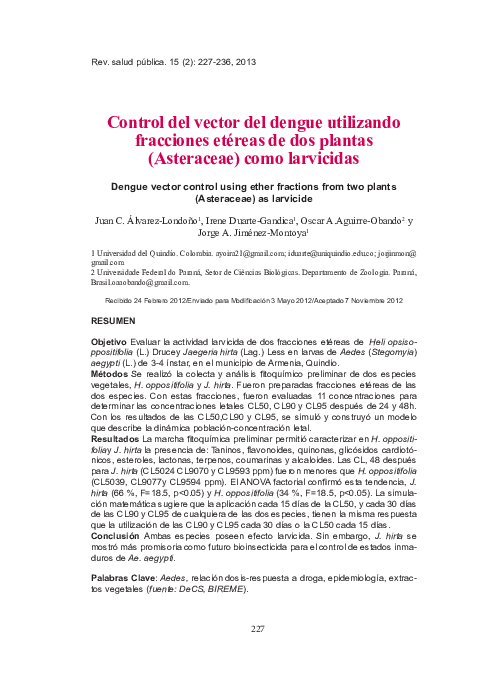 (PDF) Control del vector del dengue utilizando fracciones etéreas de ...