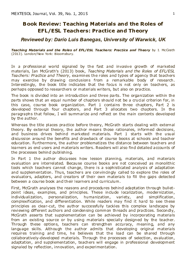 Review of Teaching Materials and the Roles of EFL/ESL Teachers