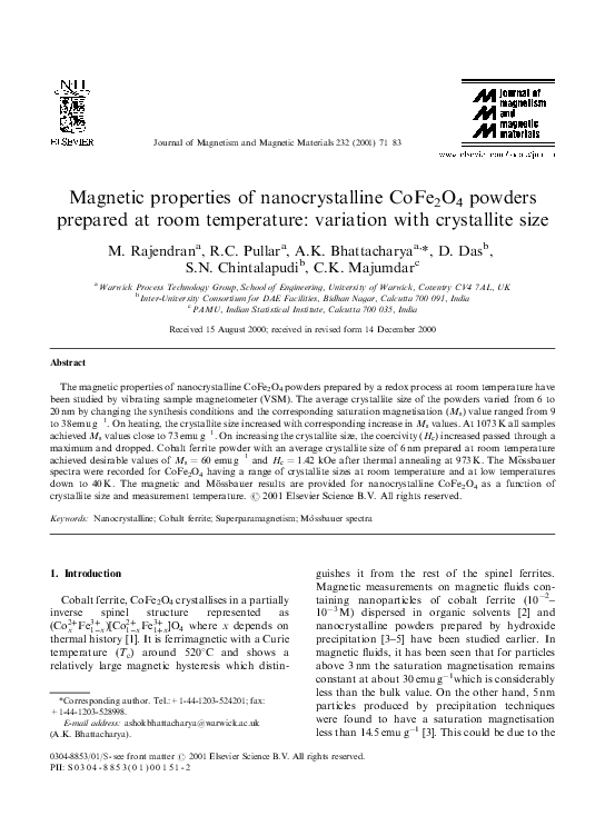 (PDF) Magnetic properties of nanocrystalline CoFe 2 O 4 powders ...