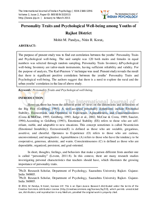 (PDF) Personality Traits and Psychological Well-being among Youths of ...