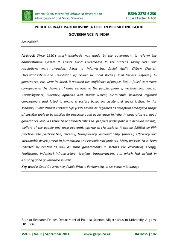 (PDF) PUBLIC PRIVATE PARTNERSHIP A TOOL IN PROMOTING GOOD GOVERNANCE IN ...