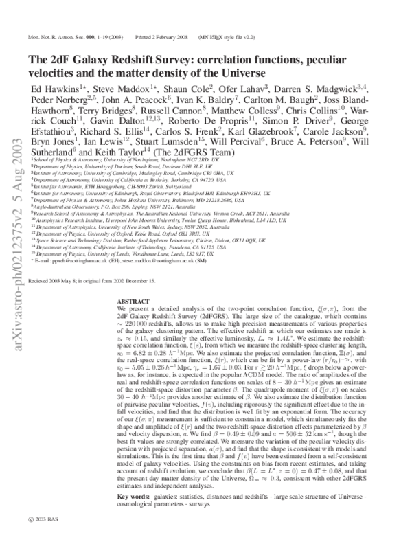 (PDF) The 2dF Galaxy Redshift Survey: correlation functions, peculiar ...