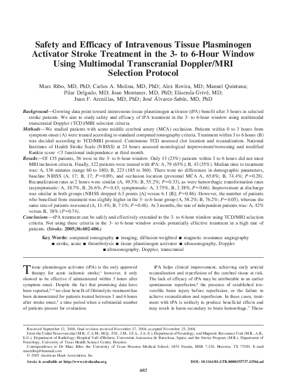 (PDF) Safety and Efficacy of Intravenous Tissue Plasminogen Activator ...