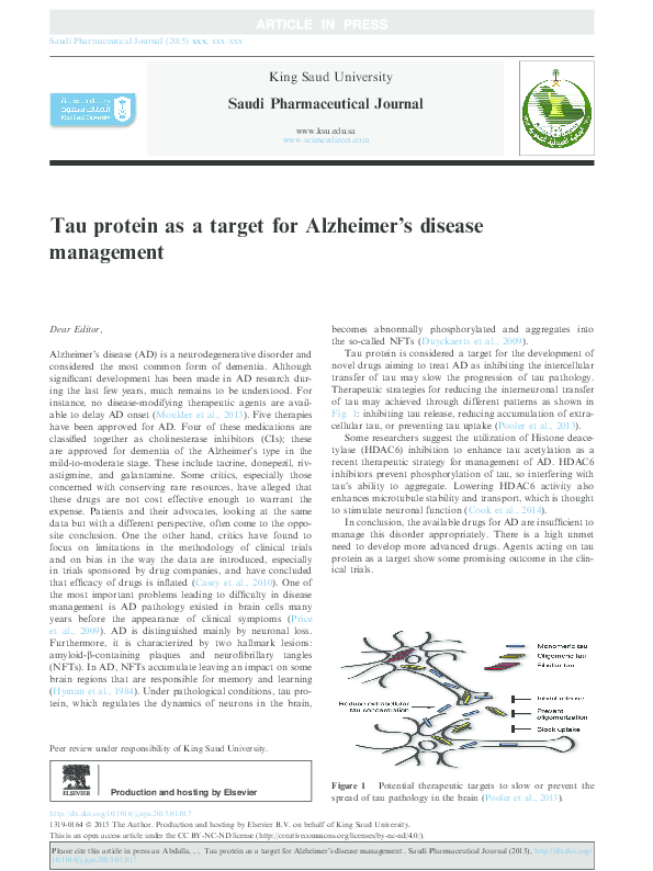 (PDF) Tau protein as a target for Alzheimer’s disease management