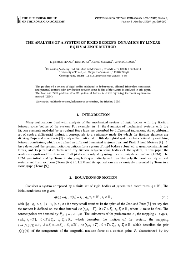 (PDF) THE ANALYSIS OF A SYSTEM OF RIGID BODIES'S DYNAMICS BY LINEAR ...