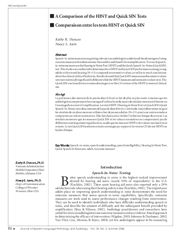 (PDF) A Comparison of the HINT and Quick SIN Tests