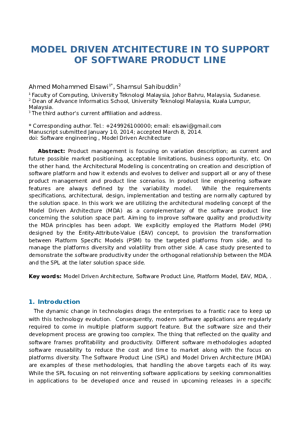 (DOC) MODEL DRIVEN ATCHITECTURE IN TO SUPPORT OF SOFTWARE PRODUCT LINE