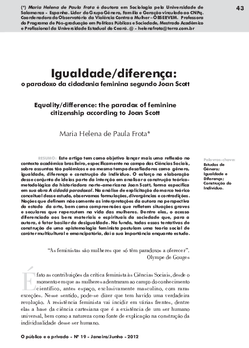 (PDF) Equality/difference the paradox of feminine citizenship