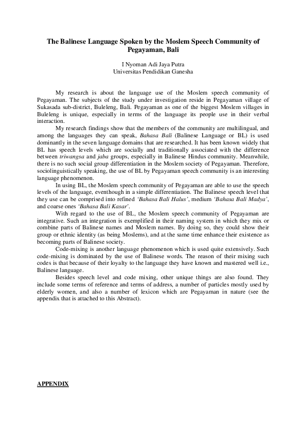 The Balinese Language Spoken by the Moslem Speech Community of Pegayaman, Bali