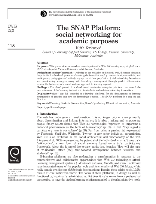 (PDF) The SNAP Platform: social networking for academic purposes