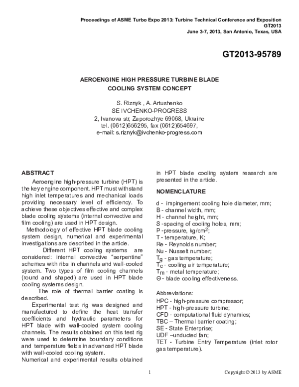 (PDF) Aeroengine High Pressure Turbine Blade Cooling System Concept