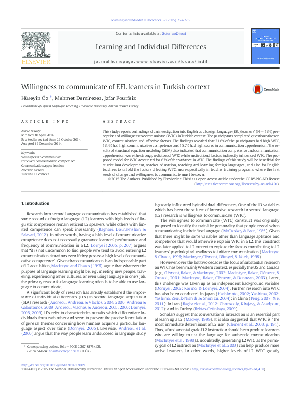 (PDF) Willingness to communicate of EFL learners in Turkish context