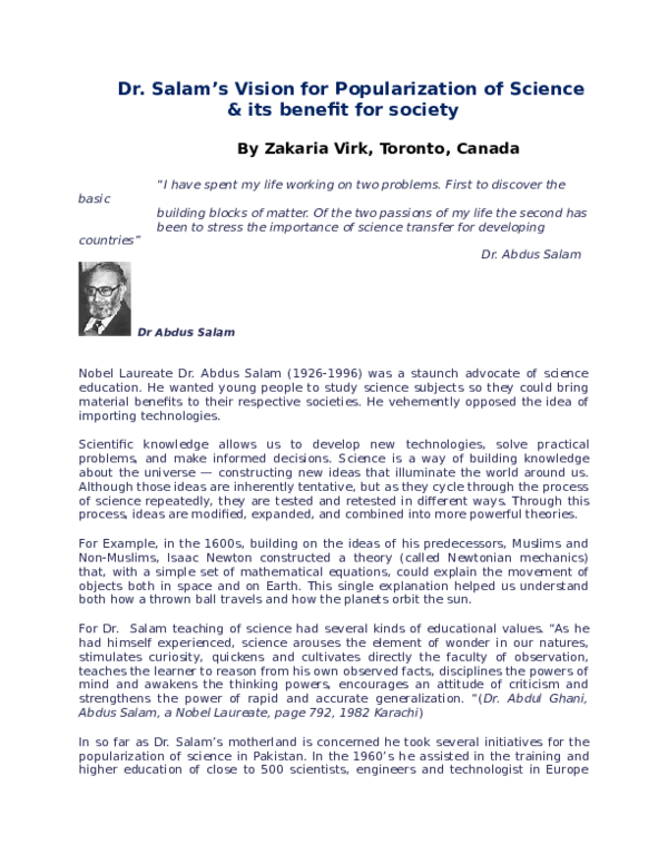 (DOC) Nobel Laureate Dr. Abdul Salam vision for popularization of Science