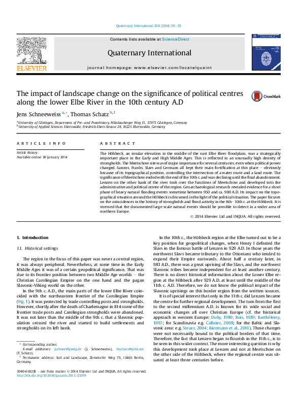 J. Schneeweiss/T. Schatz, The impact of landscape change on the significance of political centres along the lower Elbe River in the 10th century A.D, Quaternary International 324 (2014), 20-33 