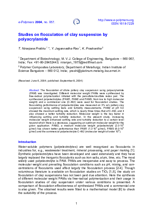 (PDF) Studies on flocculation of clay suspension by polyacrylamide